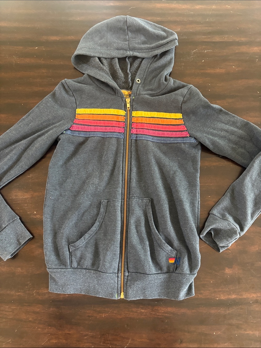 Aviator Nation Kids Navy Hoodie with Yellow, Red, Pink Stripe Accents